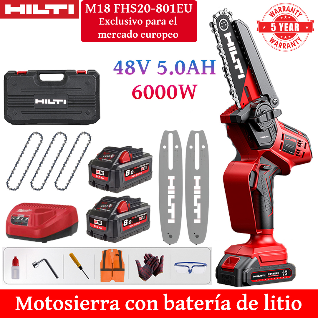 Motosierra eléctrica de litio de 8 pulgadas con potencia de 6000W, equipada con batería de 48V 5.0Ah*2, cargador, placa guía*2, cadena*3, caja de herramientas, aceite lubricante y vasos