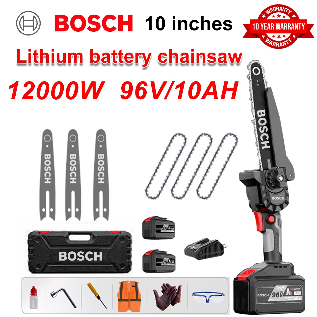 [Versión extendida/10 años de garantía] Sierra eléctrica de litio de 10 pulgadas y 12000 W, 2 baterías de 96 V, cargador, 3 barras guía, 3 cadenas, caja de herramientas, aceite lubricante y gafas de seguridad, motor potente, corte de piedra eficiente.
